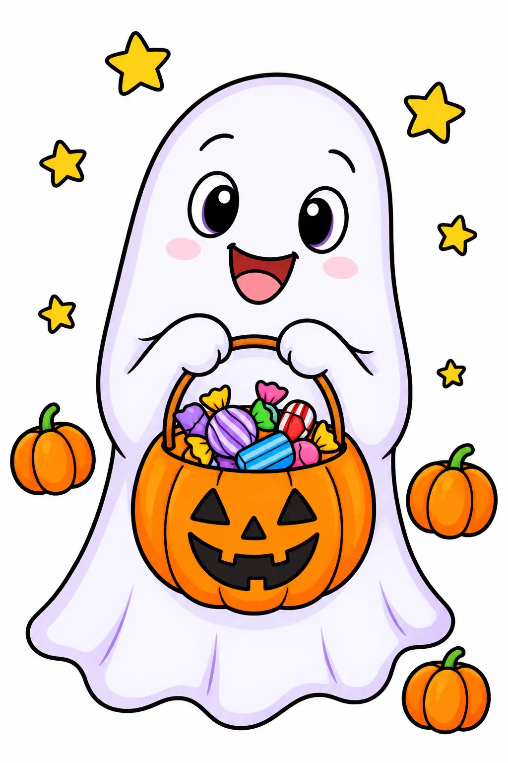 Colored example of a cute Halloween ghost coloring page