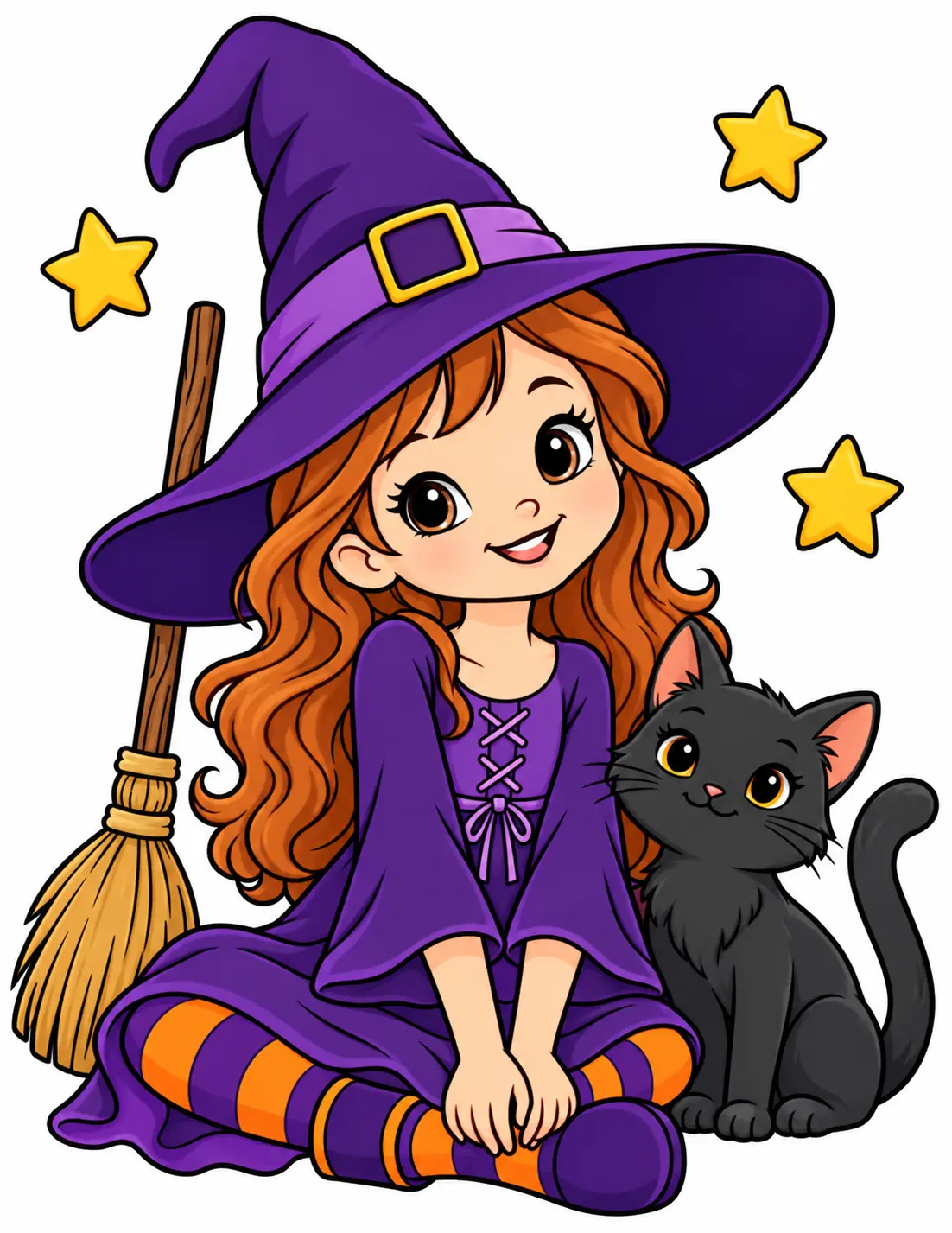 Colored example of a friendly witch and black cat