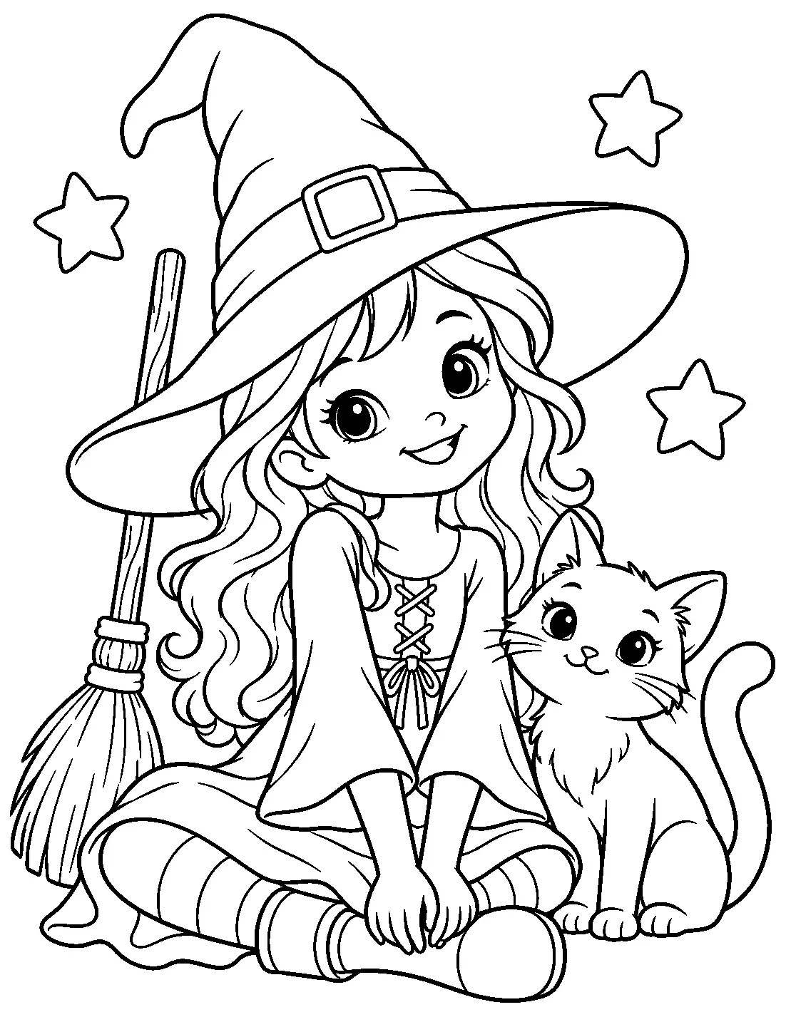 Blank friendly witch and cat coloring page